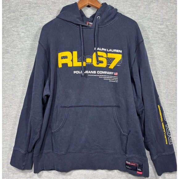 Vtg 90s Ralph Lauren Polo Jeans Mens Hoodie L RL-67 Navy Blue Logo - Picture 1 of 7